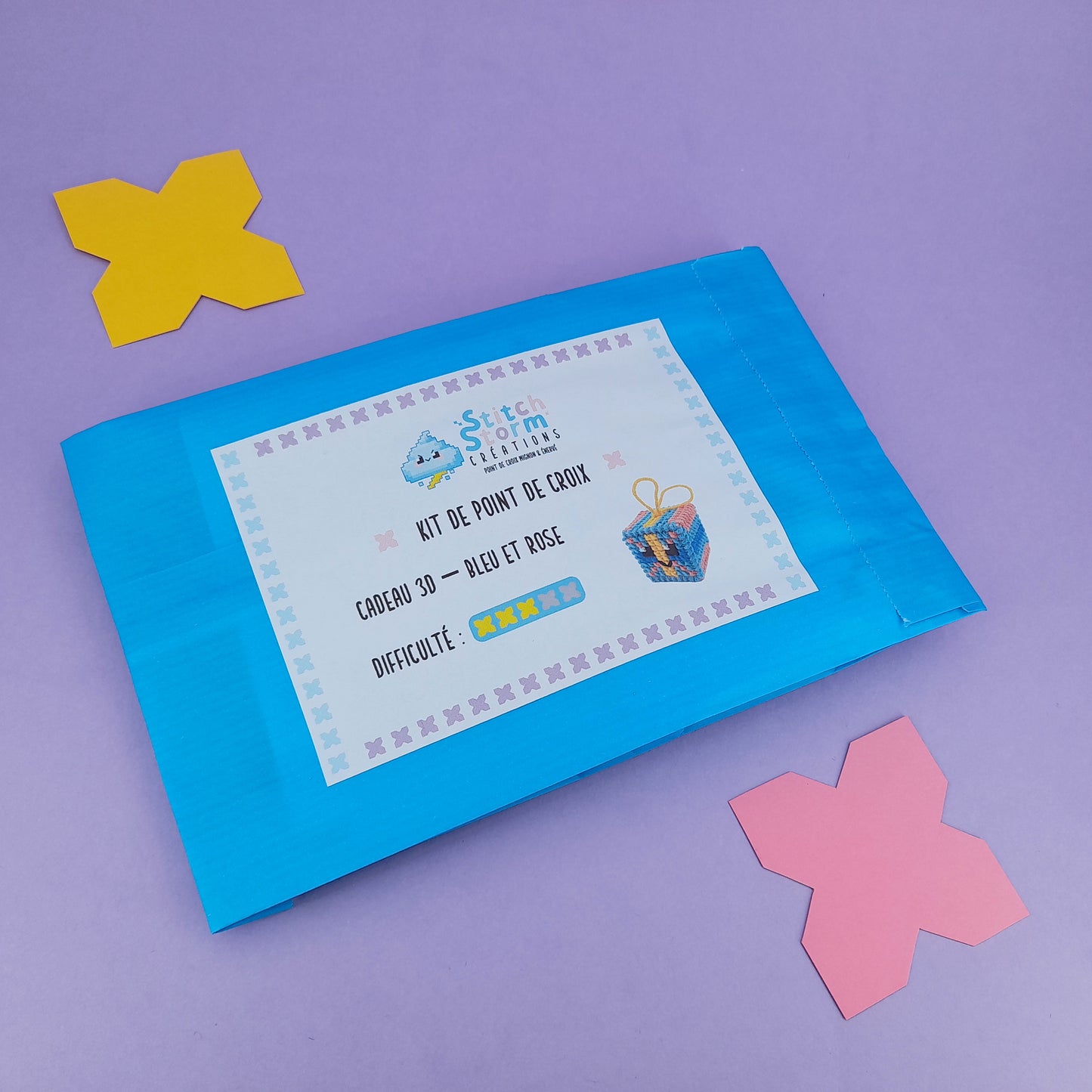 Kit de point de croix - Cadeau 3D bleu et rose - Difficulté 3